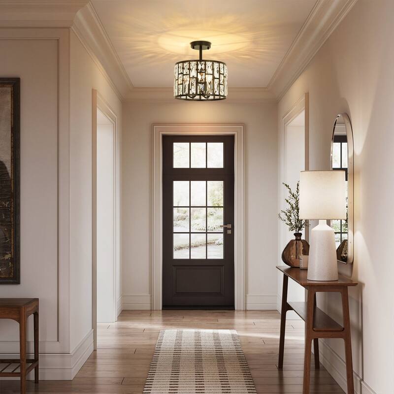 3/5-Light Industrial Vintage Black Drum Semi-Flush Mount Ceiling Light with Crystal Accents