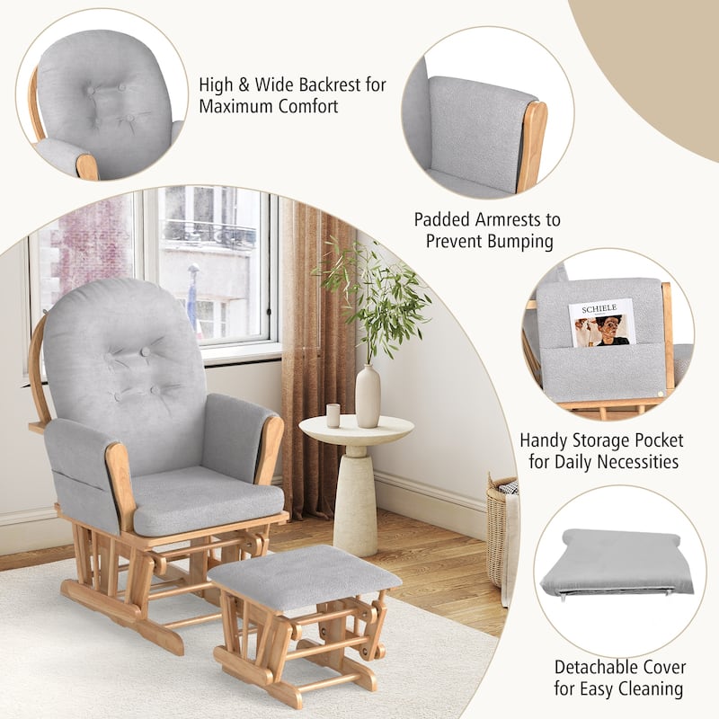 Solid Wood Gliding Chair Set with Storage Pockets and Ottoman for Relaxing - 29.5" x 28.5" x 39.5" (L x W x H)