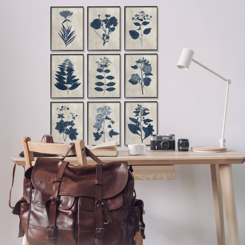 Stupell Beautiful Botanical Silhouette Floral Plants Design Framed 9 piece Wall Art - Blue