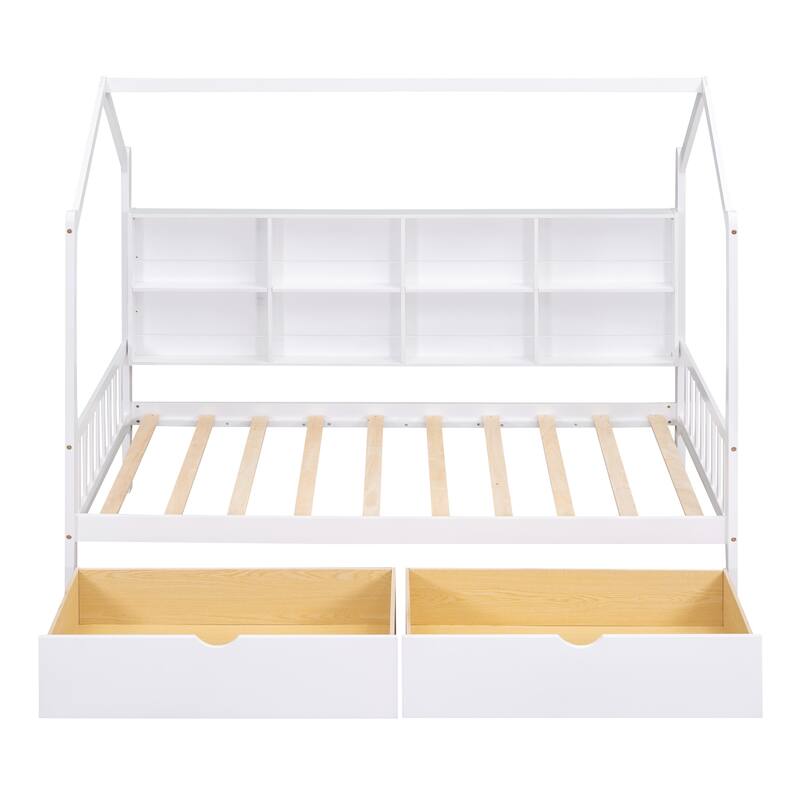Twin Size Wooden House Bed with 2 Drawers and Storage Shelf, Kids Bed with Roof Design