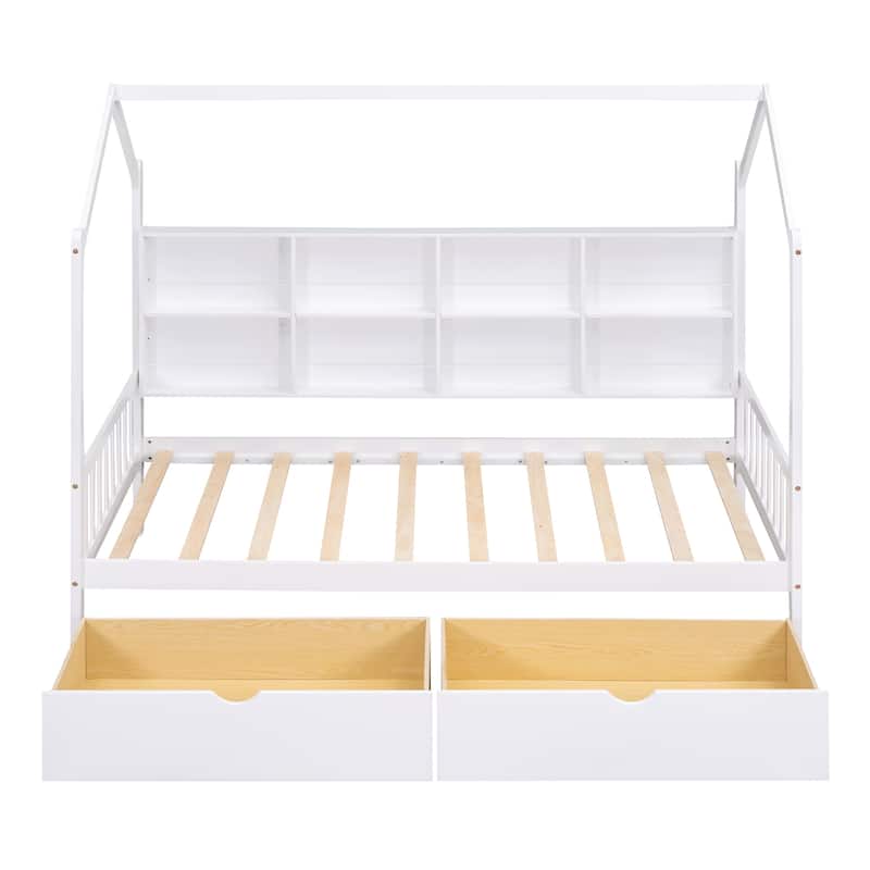 Wooden House Bed with 2 Drawers, Kids Bed with Storage Shelf