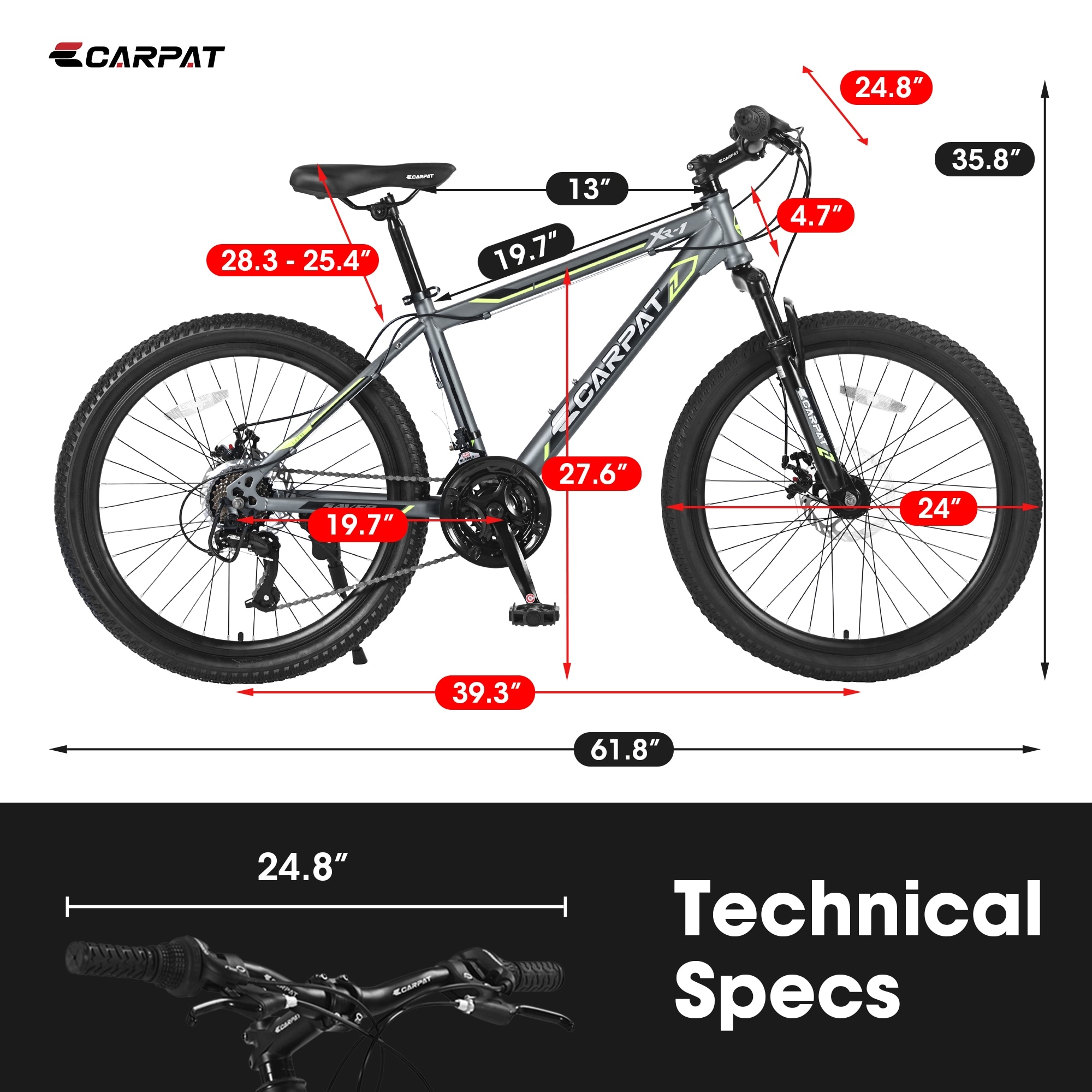 24 Inch Youth Mountain Bike with Steel Frame Shimano 21 Speed Bicycle with Daul Disc Brakes Front Suspension MTB Grey