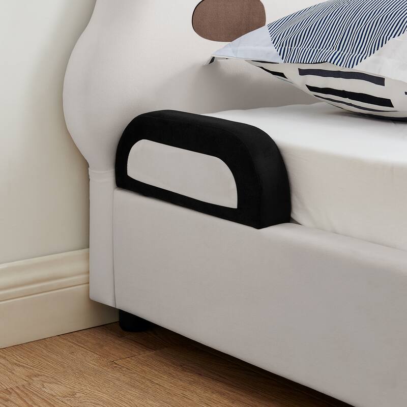 Twin Panda-Shaped Kids Bed with Soft Padded Safety Edges - Solid Wood Toddler Bed Frame in Velvet Fabric