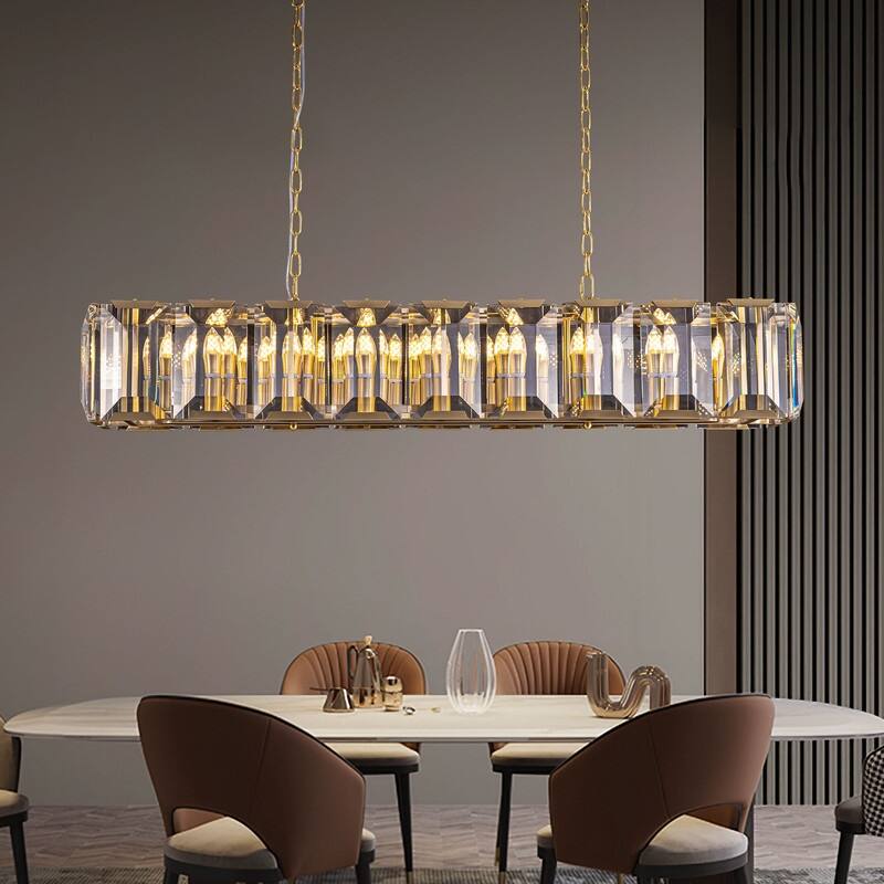 48 in. Gold Modern Crystal Chandelier 18-Light Rectangular Water Ripple Glass Chandeliers for Dining Room