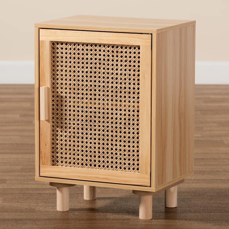 Baxton Studio Maclean Mid-Century Modern Rattan and Natural Brown Finished Wood 1-Door End Table