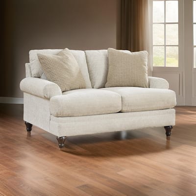 Vlea 65 Inch Loveseat, Chevron Pattern, Pillows, Sandstone Beige Polyester