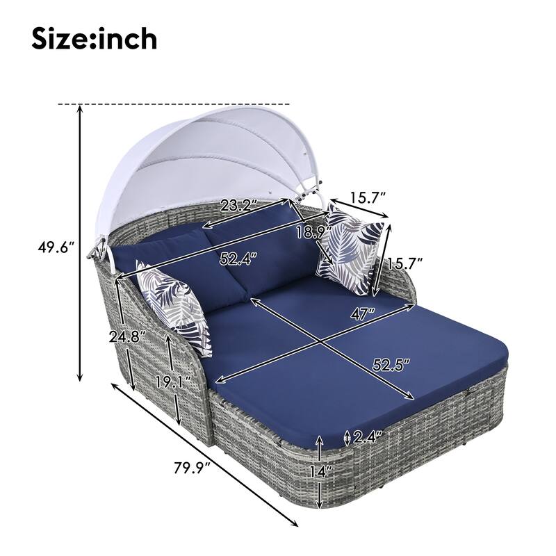 79.9" Outdoor Patio PE Rattan Daybed Sunbed with Adjustable Canopy