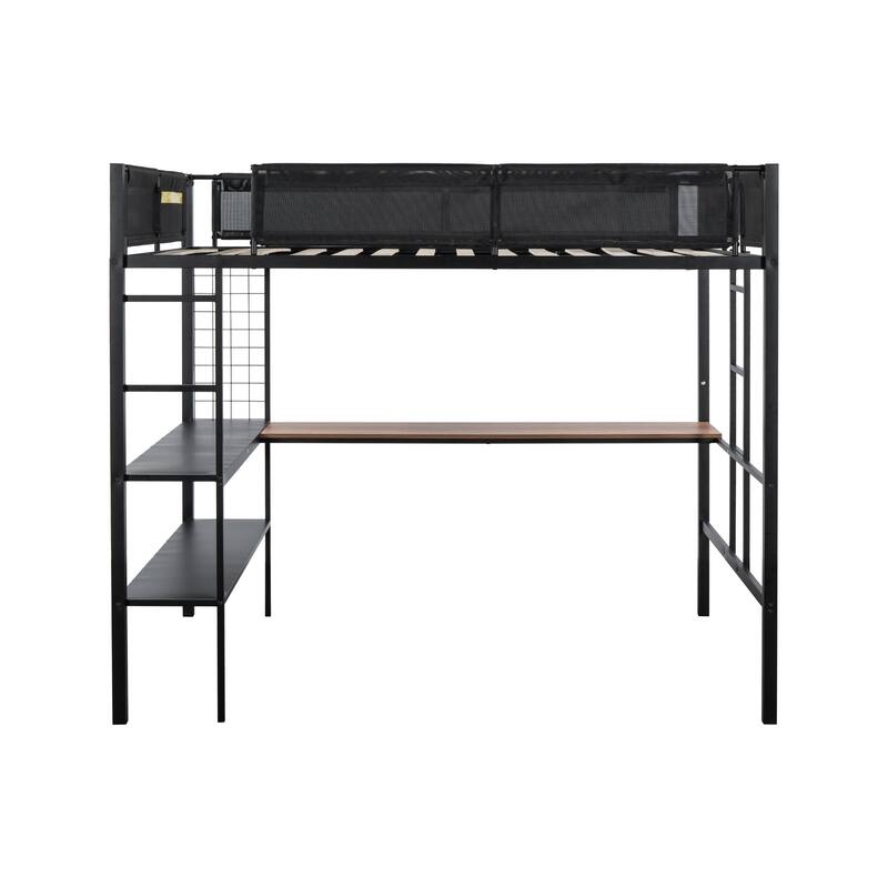 Metal Full Size Loft Bed with Desk and Shelves