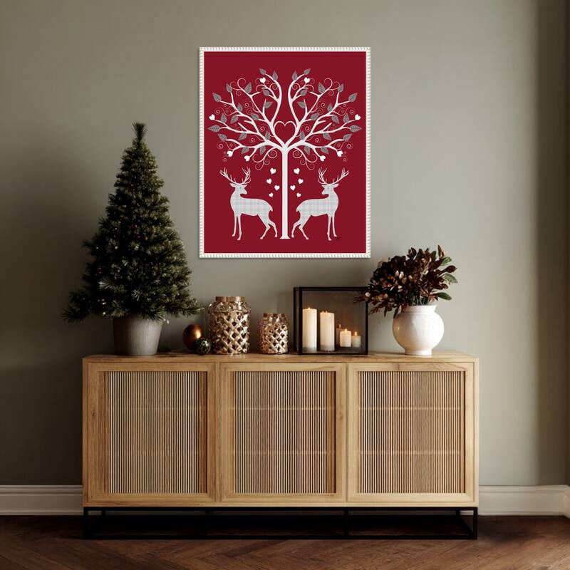 Christmas Des Deer and Heart Tree Grey on Red by Fab Funky (23 x 28 in.), Framed Canvas Wall Art Print - Sylvie Beaded White