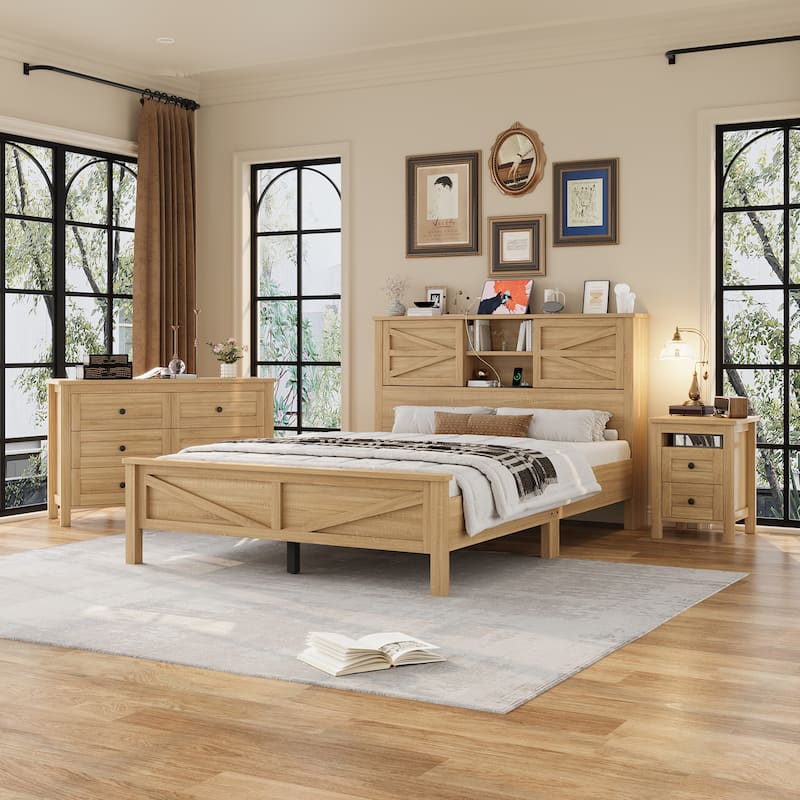 3-Pieces Queen Size Bedroom Set, Farmhouse Platform Bed with Double Sliding Door Storage Headboard and Charging Station - Natural