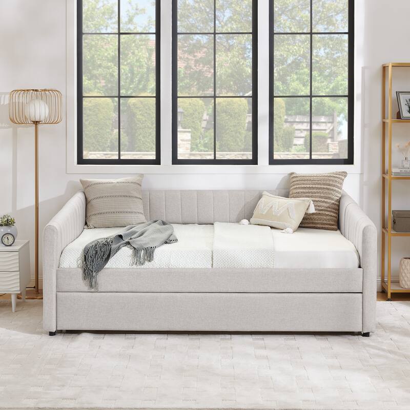 Twin/Full Size Daybed with Trundle, Upholstered Sofa Bed with Vertical Stripes, Linen Fabric, Comfortable Seating for Bedroom