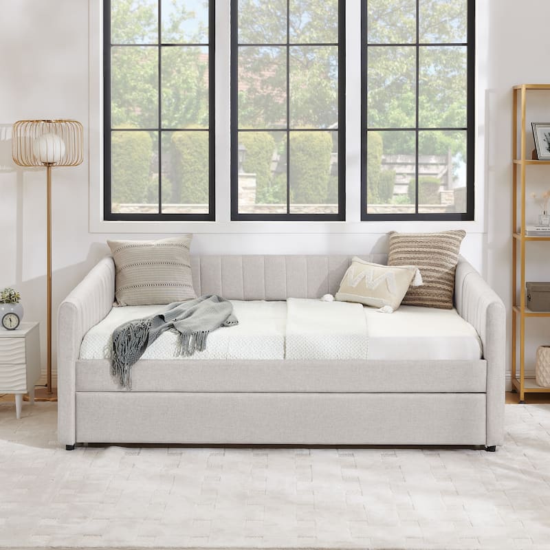 Upholstered Daybed, Linen Fabric Sofa Bed Frame with Trundle Bed - Beige - Full