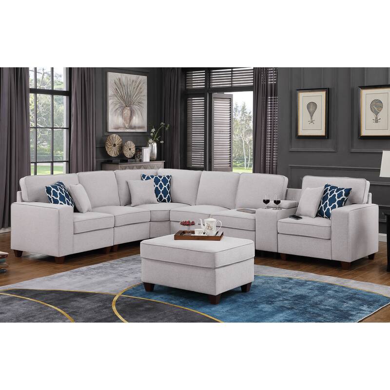 Modern Linen Sectional Sofa with Removable Back Cushions,Accent Sofa with Ottoman,Cupholder and USB port