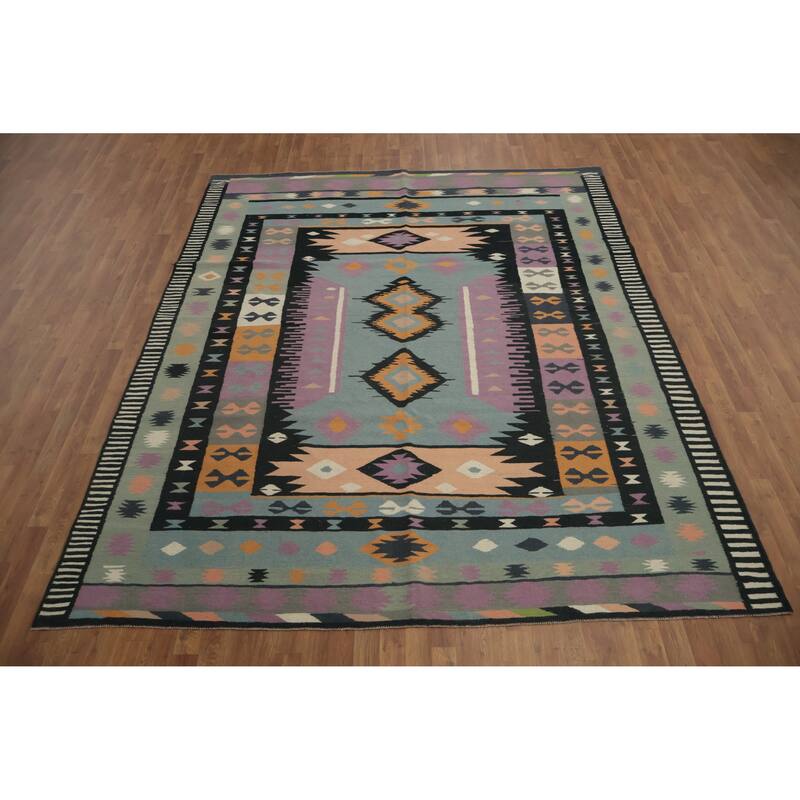 Hand Woven Oriental 100% Wool Carpet Southwestern Tribal Navy Blue & Blues Kilim Area Rug - 10' 2'' X 8' 4''