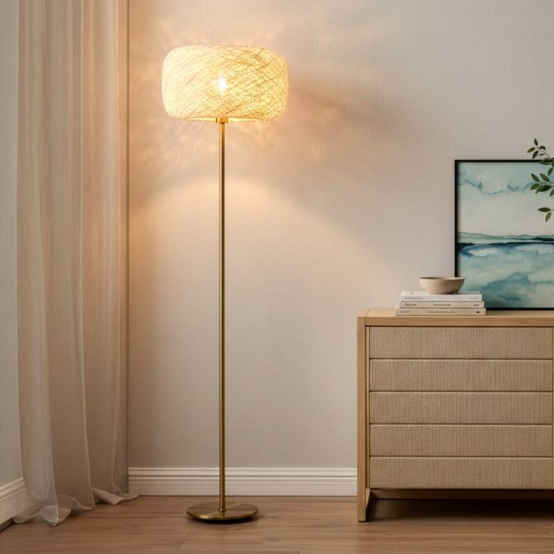 Brightech Rowan 66 in. Antique Brass Mid-Century Modern LED Super Bright Floor Lamp with Beige Twine Drum Shade