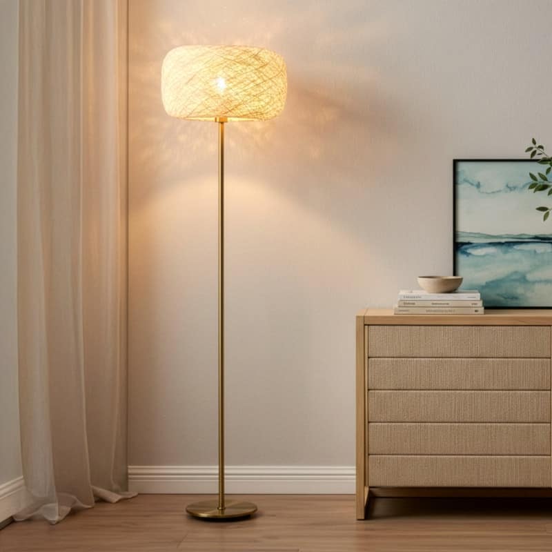 Brightech Rowan 66 in. Antique Brass Mid-Century Modern LED Super Bright Floor Lamp with Beige Twine Drum Shade