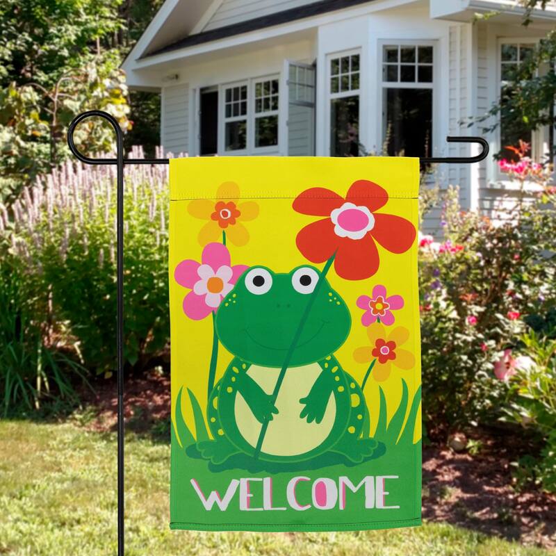 Happy Frog "Welcome" Floral Outdoor Garden Flag 18" x 12.5"