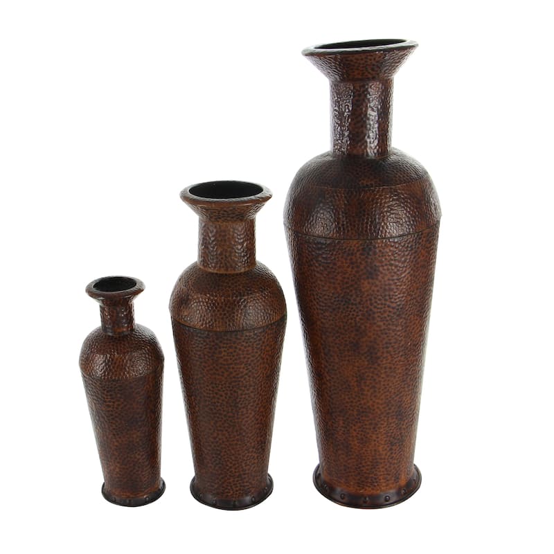Metal Indoor Outdoor Tall Floor Bottleneck Vase with Bubble Texture and Studs - Set of 3 Dark Brown - Roche River Decor