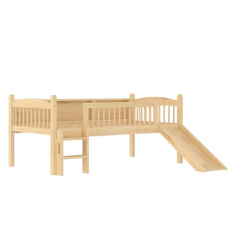 Twin XL Loft Bed with Storage Shelves, Solid Wood Lower Loft Bed with LED Lights and Full-length Guardrails