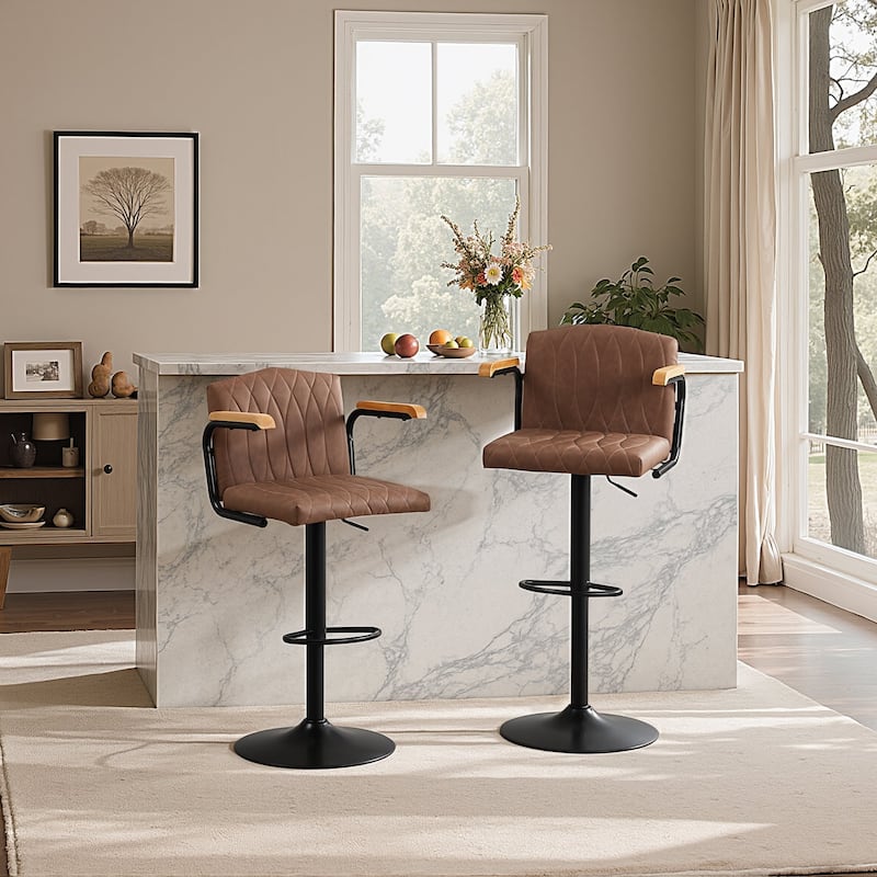 VECELO Bar Stool Set 2/4 Pack Brown PU Leather 360° Swivel Counter Stool with Adjustable Height Black Frame for Home Bar