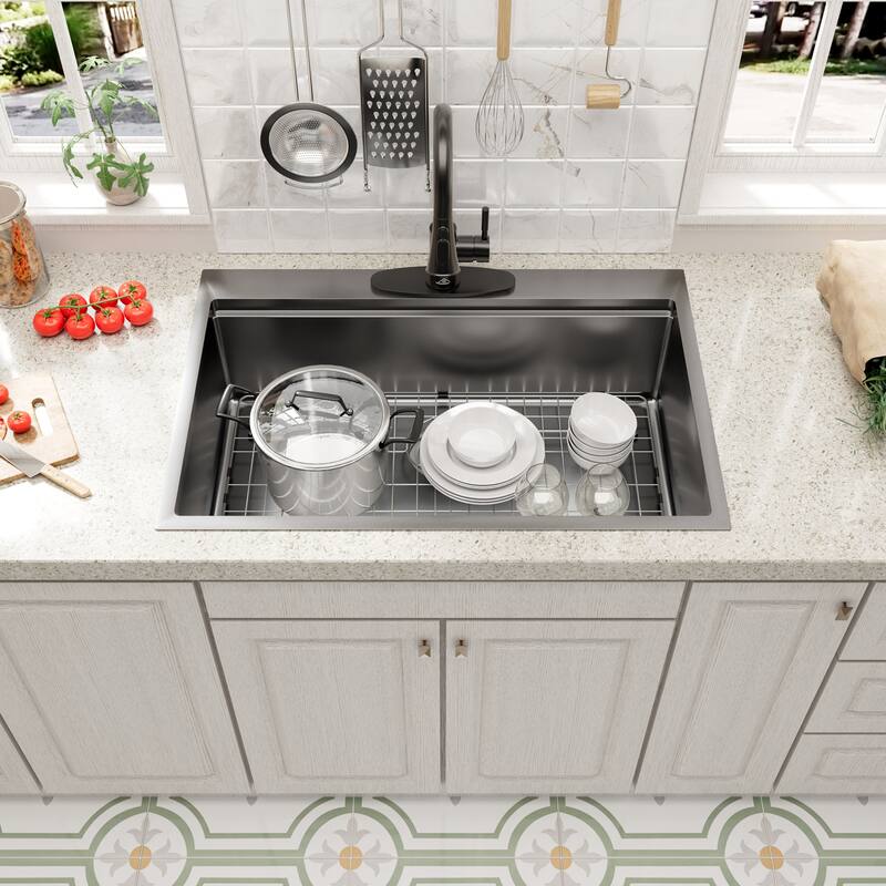 Drop-In Nano PVD Gunmetal Black Stainless Steel Workstation Kitchen Sink with 2-Function Pull-Down Kitchen Faucet & Accessories