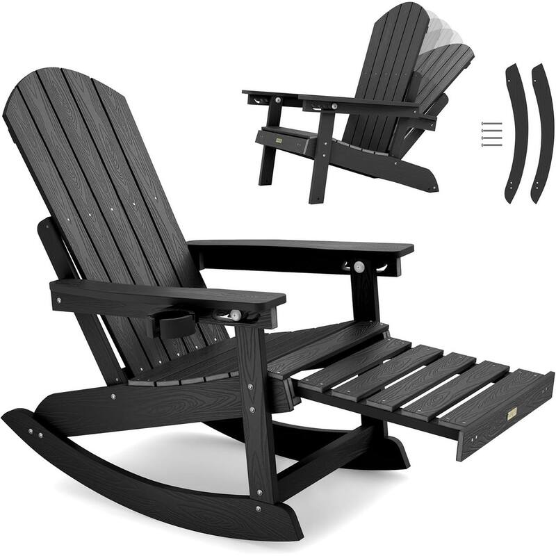 WINSOON Adirondack Chair Composite Rocking Chair Outdoor Weatherproof Plastic Adjustable - Black