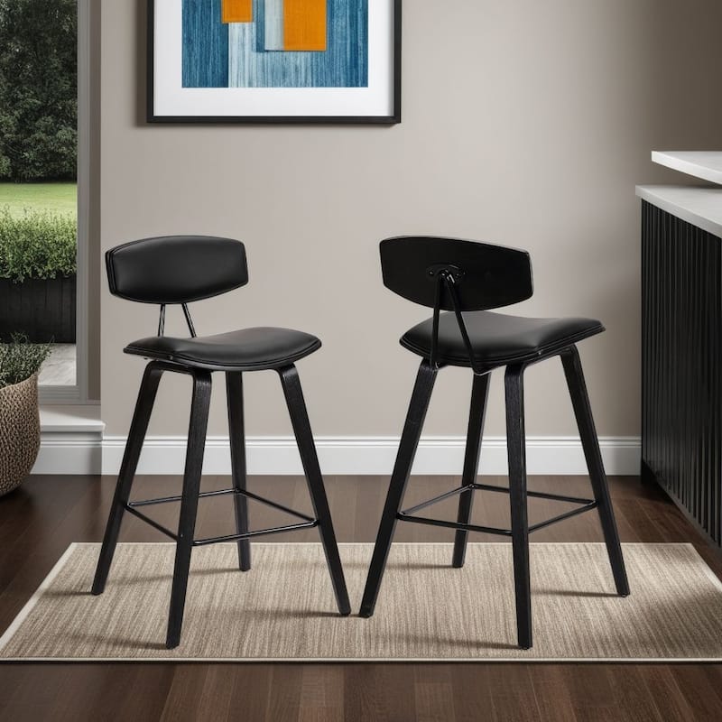 Fox Mid-Century Bar Stool, Upholstered Counter Height Chair with Bentwood Legs - Set of 2 - Black - Bar Height