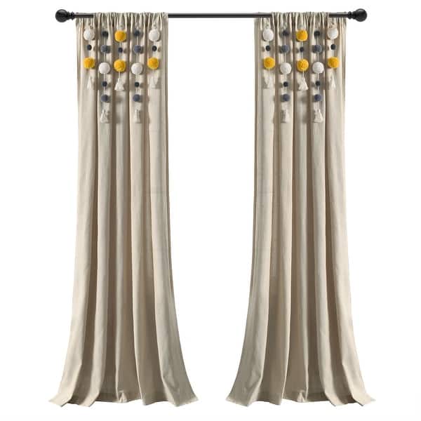 KOUFALL Grey Pom Pom Sheer Curtains 96 Inches - Boho Textured Back Tab Curtains For Living Room, Floor Length Light Filtering Window Treatment