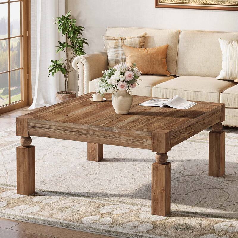 Square Solid Wood Coffee Table, Sturdy Legs Living Room Center Cocktail Accent Table - Brown