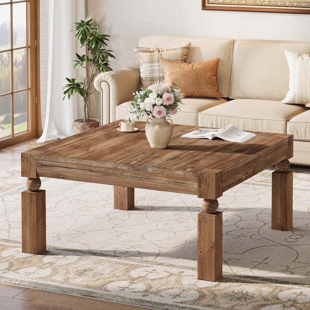Square Solid Wood Coffee Table, Sturdy Legs Living Room Center Cocktail Accent Table