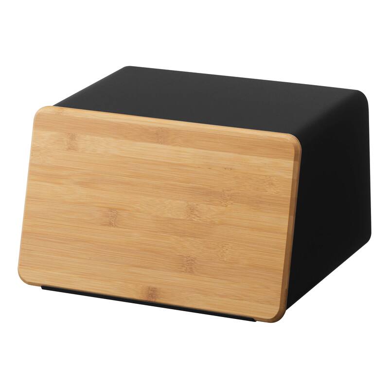 Yamazaki Home Bread Box with Cutting Board Lid, Steel and Wood, Lid - L 9.65 x W 12.4 x H 7.28 inches - Black