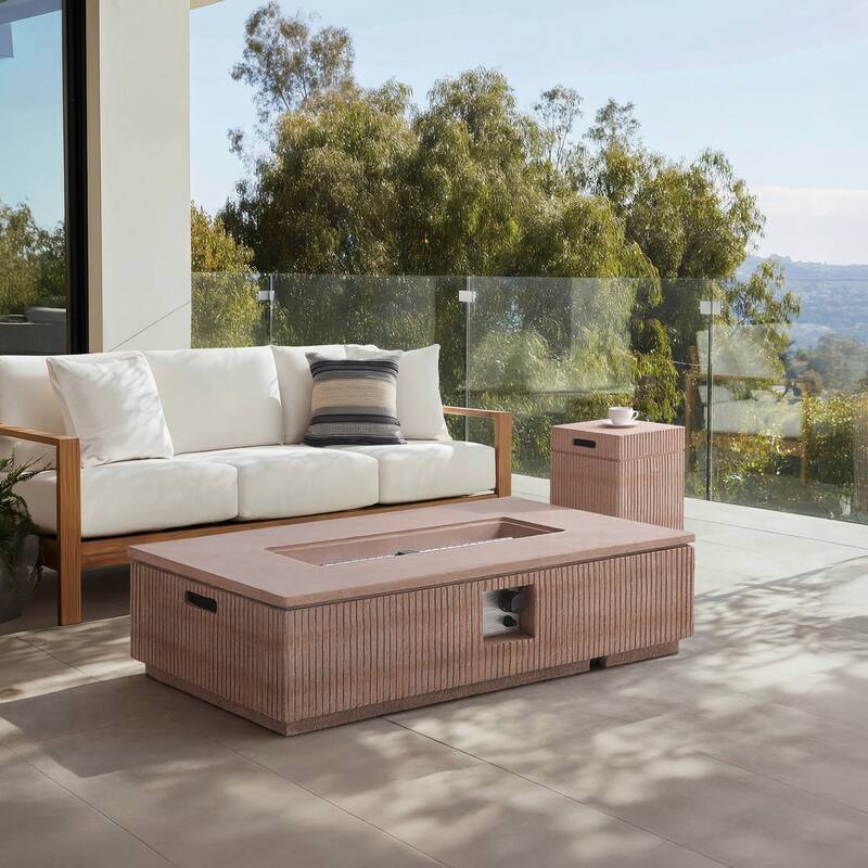 Christopher Knight Home - Lecce 2-Piece Outdoor MgO Fire Pit 50,000 BTU Table Set with Propane Tank Holder - Brown