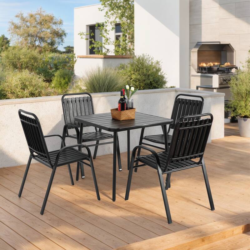 5 Piece Outdoor Dining Table Set, All Weather Outdoor Table and Chairs Set with Square Metal Dining Table with Plastic Chair - Black