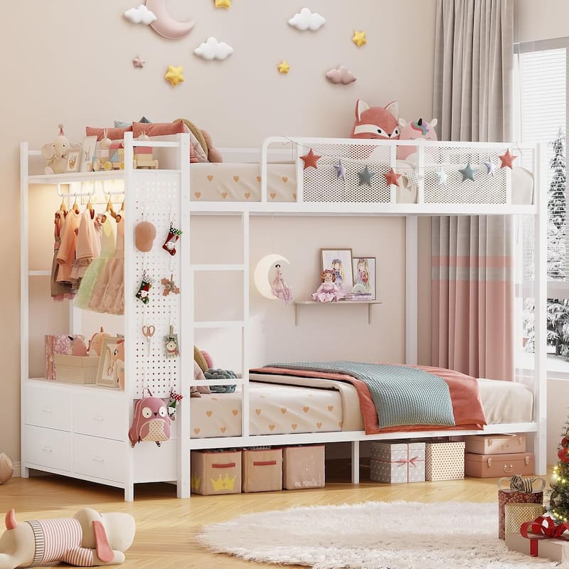 Metal Bunk Bed Twin Over Twin with Hall Tree 4 Storage Drawers - White