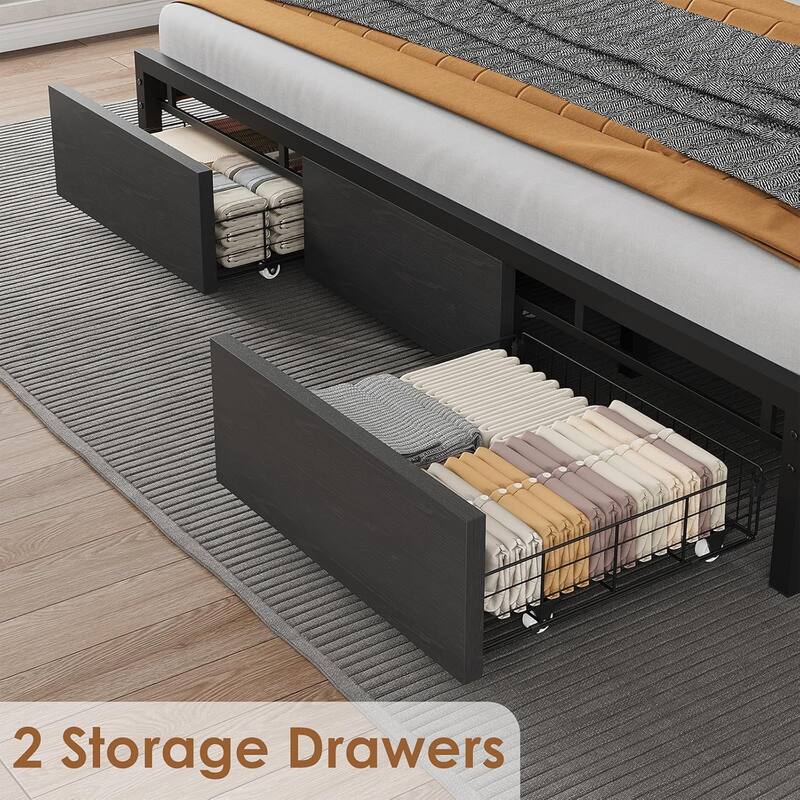 Bed Frame with Storage Headboard, Industrial Platform Bed with 2 Large Drawers and Charging Station, Black