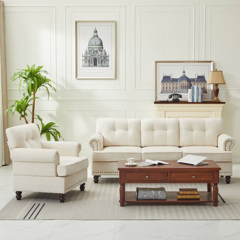 Set of 2 Pieces, A 3-seat Sofa and An Armchair, Chenille Sofa Set for Living Room