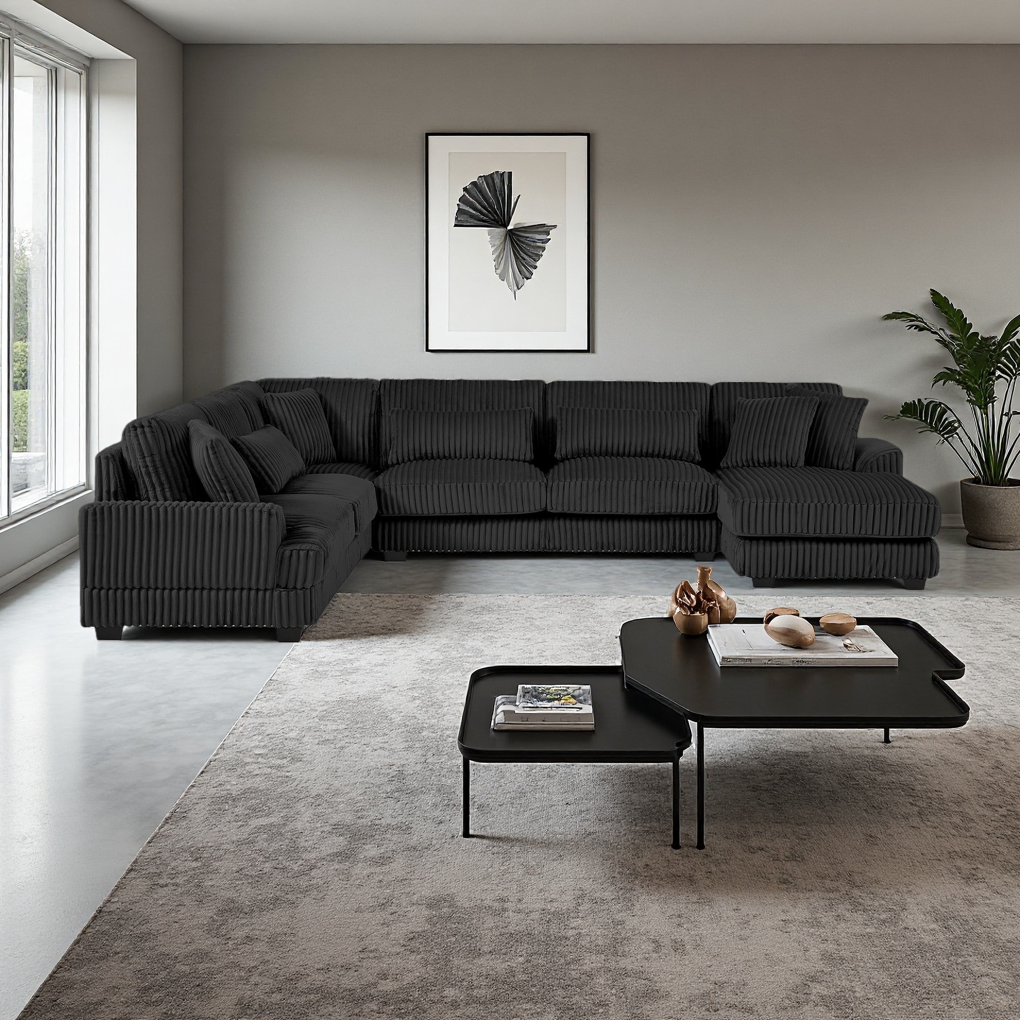 129.1" Corduroy U-Shaped Sectional Sofa with Chaise, Rolled Arms & 7 Pillows