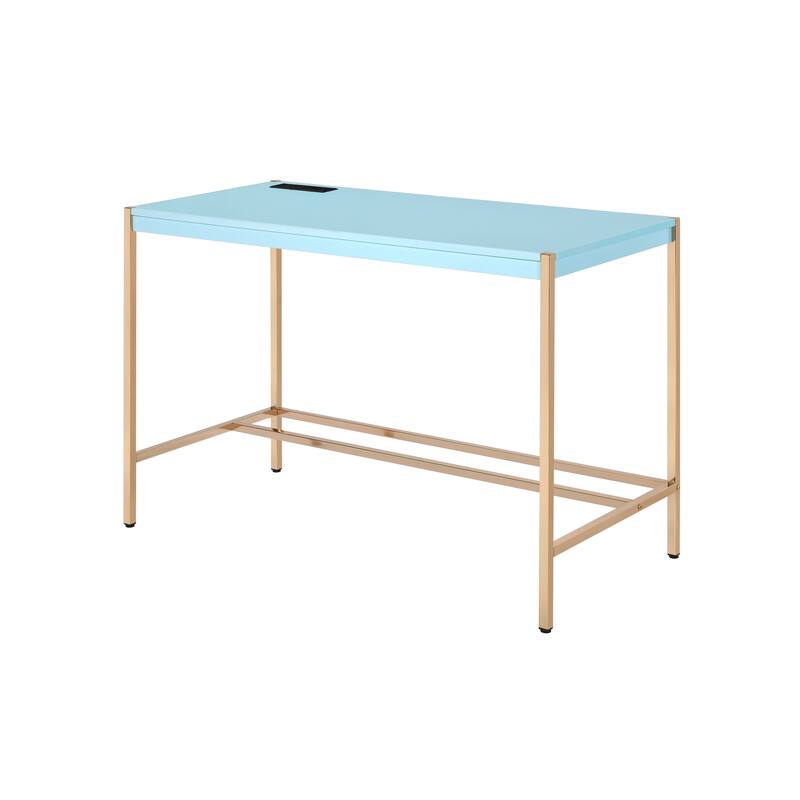 Contemporary Writing Desk with USB Charging Port, High Gloss Finish and Metal Base for Home Office or Study