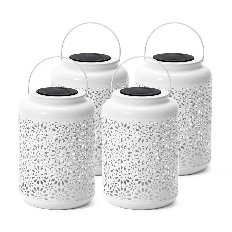 Glitzhome 8.75"H Outdoor Waterproof Metal Solar Hanging Lantern with Flower Leaves Decor