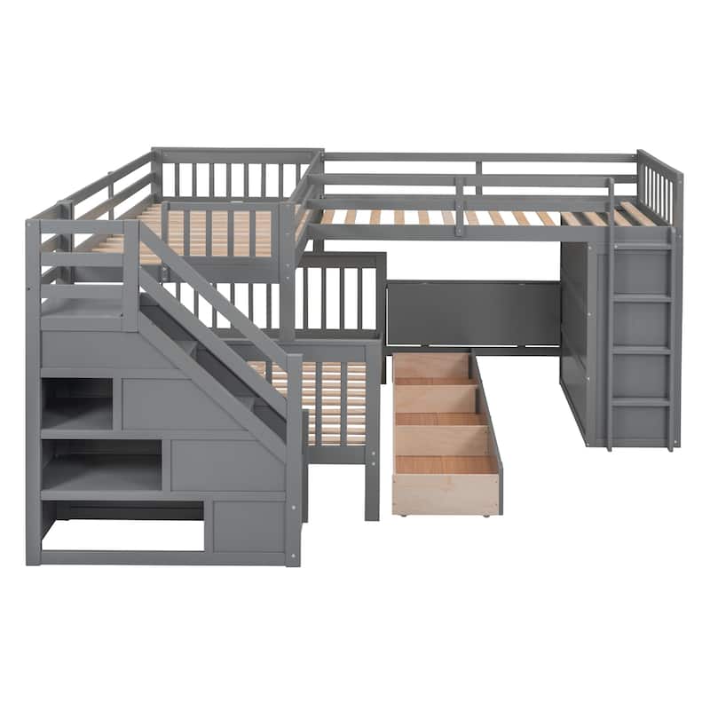 L-Shaped Twin-Twin Over Full Bunk Bed with Drawers, Desk, and Wardrobe in Gray