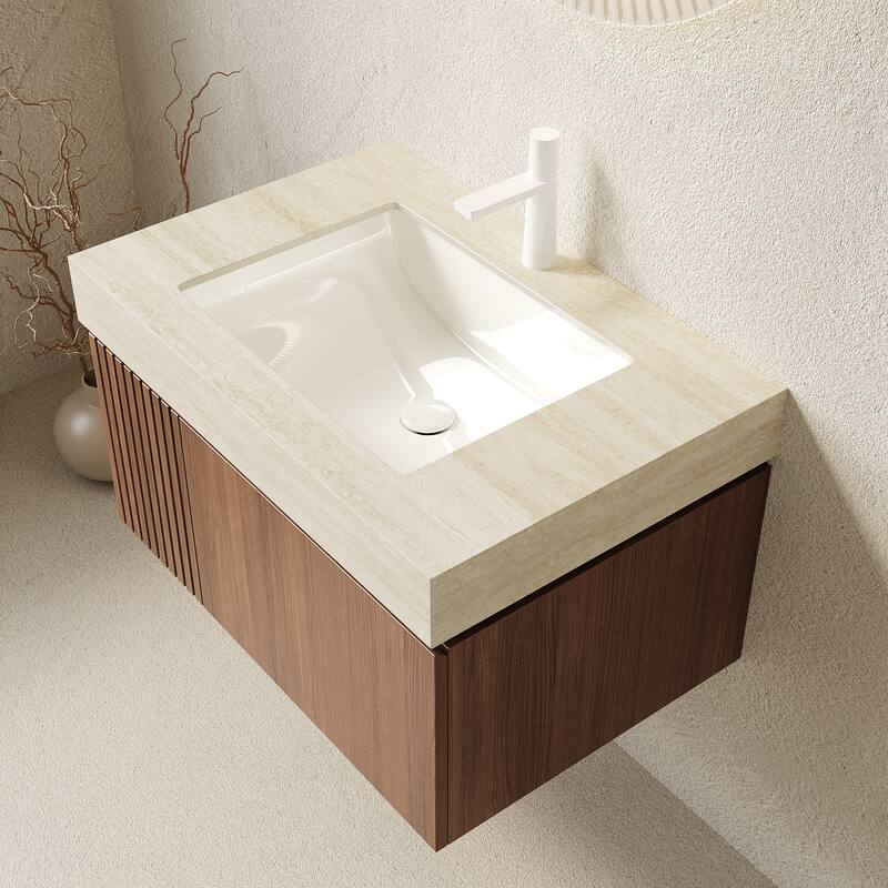 30" Floating Bathroom Vanity with Sink - Cabinet with Drawer & Door, Travertine Sintered Stone Countertop & Basin - Beige+Brown Oak