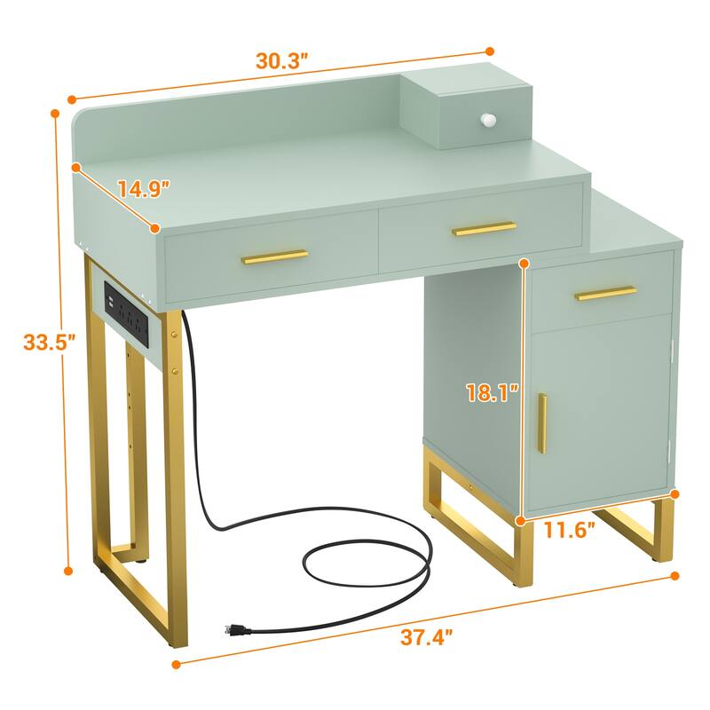 Reversible Makeup Vanity Desk With Charging Station and 4 Wooden Drawers and 1 Cabinet