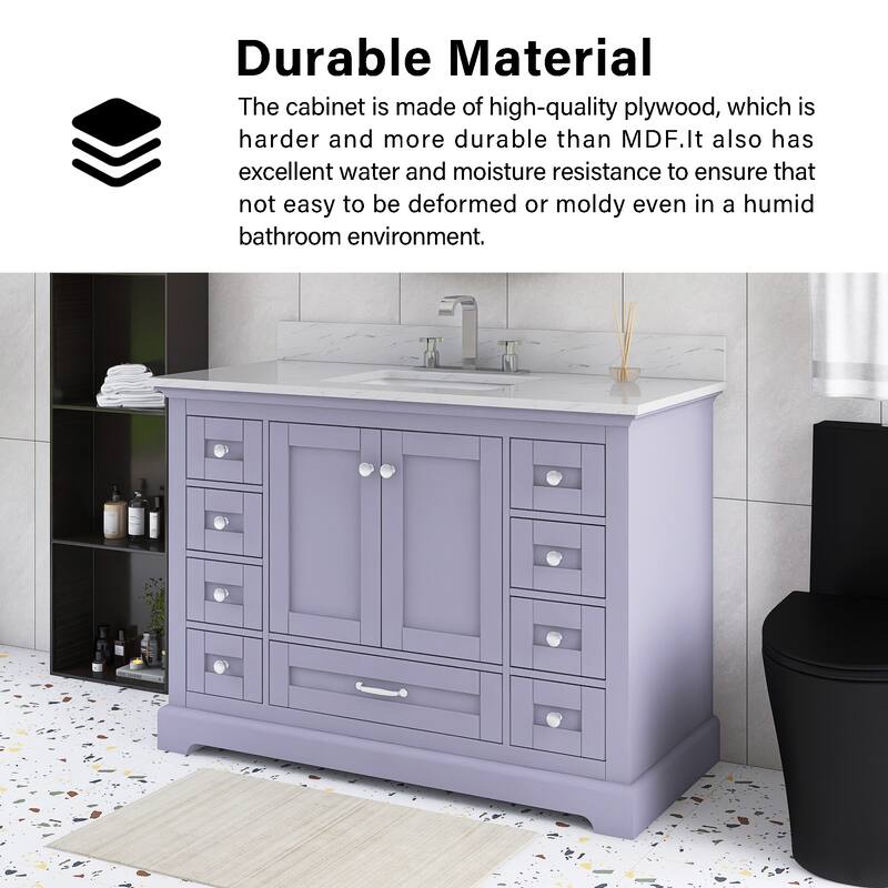 48 inch Plywood Single Sink Freestanding Bath Vanity with White Marble Top - 48" x 22"