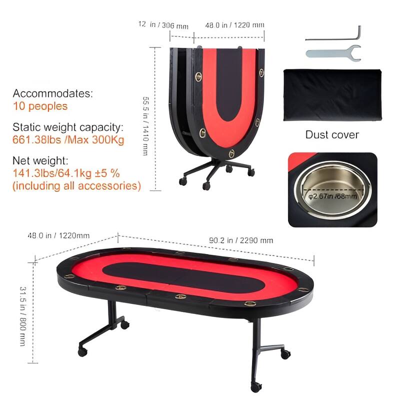 Black-Red Foldable Poker Table, Metal Steel Frame, Wooden Top and 10 Player Capacity - 90.2” L x 48” W x 31.5” H