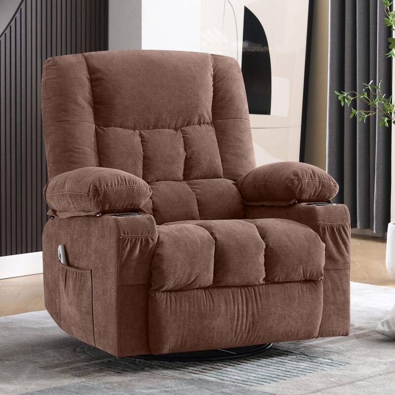 Swivel Rocker Recliner Chair with Vibration Massage, Ergonomic Chair with Side Pocket, 2 Cup Holders, USB Charge Port - Brown