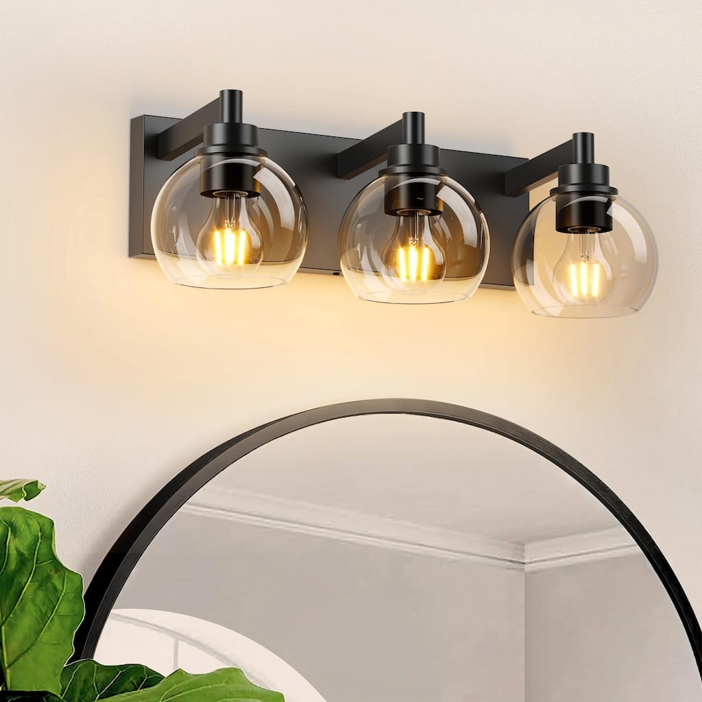 Bathroom Vanity Light with Clear Globe Glass Shades, Modern Black Wall Sconce Over Mirror, Vanity Lighting for Bath