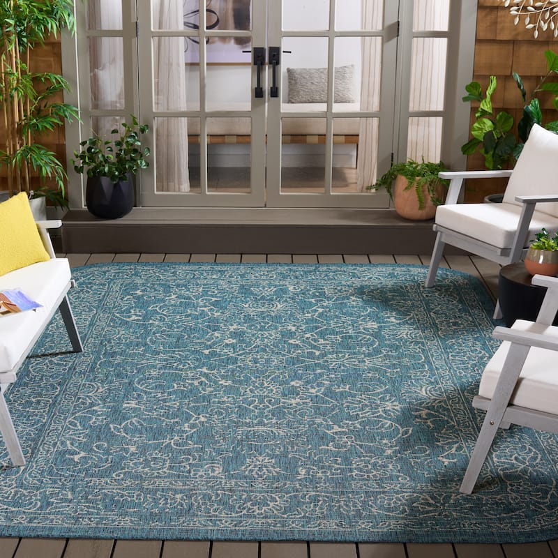 SAFAVIEH Courtyard Hasina Indoor /Outdoor Waterproof Patio Backyard Rug - 8' x 10' Round Corner - Navy/Ivory