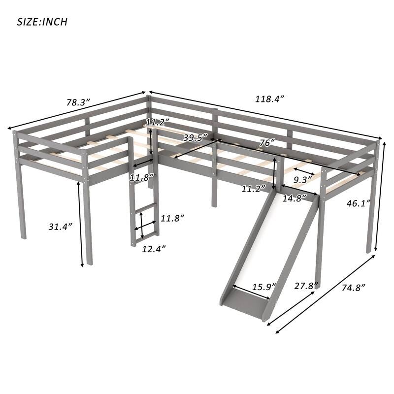 Wooden Twin Size L-Shaped Loft Bed with Ladder and Slide