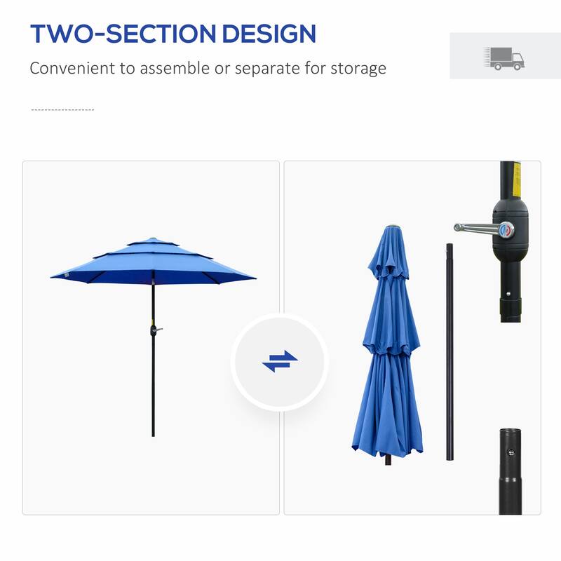 9FT 3-Tier Patio Umbrella with Crank and Push Button Tilt, Dark Blue