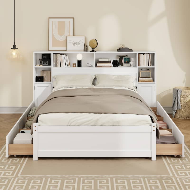 White Wooden Storage Bed with Bookcase Headboard, 6 Drawers, Charging Station, No Box Spring Needed, Twin - White